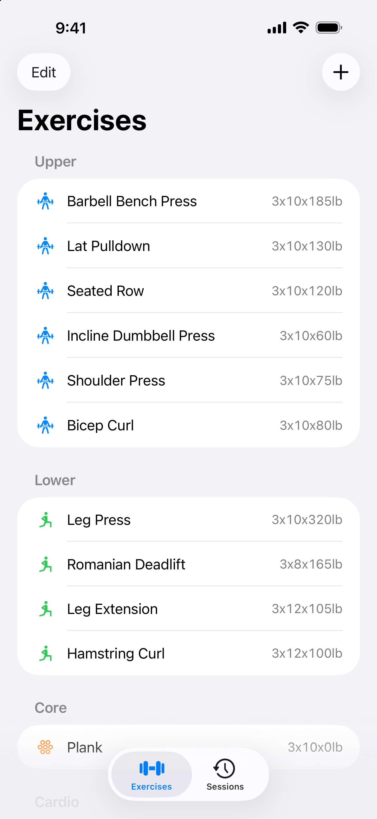Exercise list in Gym Log