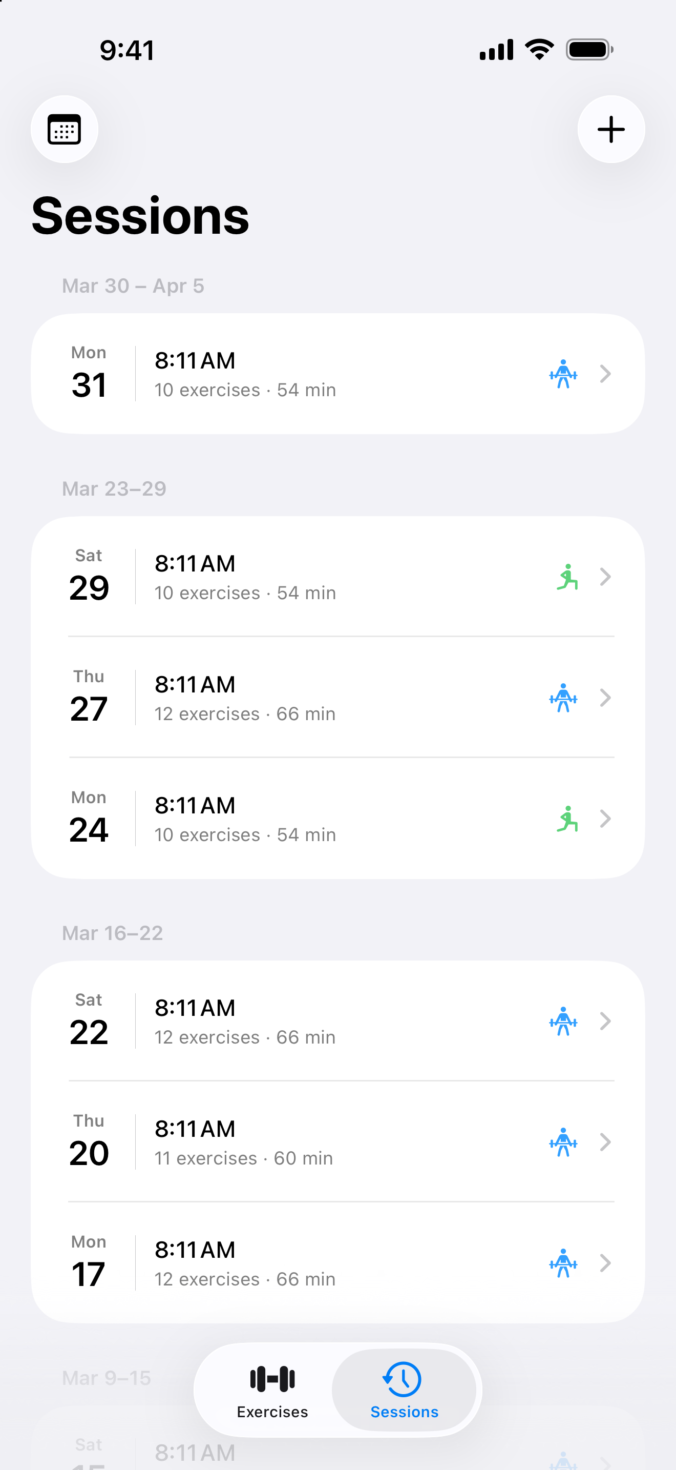 Workout session history in Gym Log